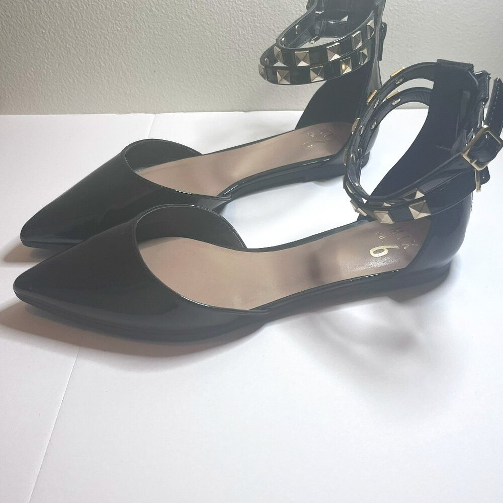 Size 9 black patent leather gold studded ankle flat